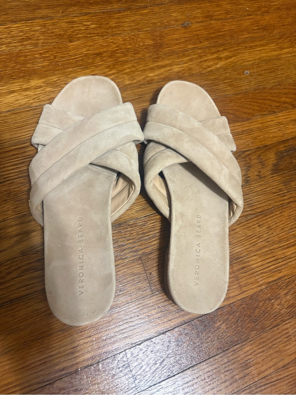 Veronica Beard Tan Suede Crisscross Slide Sandals